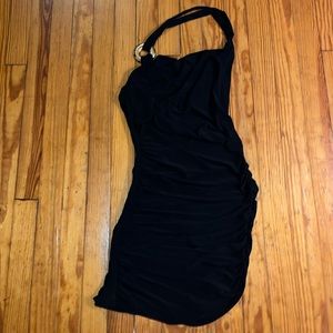 Baby Phat black minidress club halter gold ring ruched streetwear bodycon S